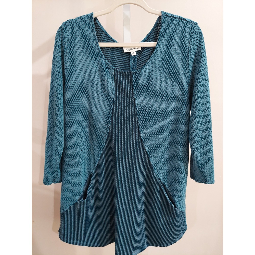 NorthStyle Teal Mixed Texture Tunic Top Pockets M FLAW Lagenlook Artsy Grandma